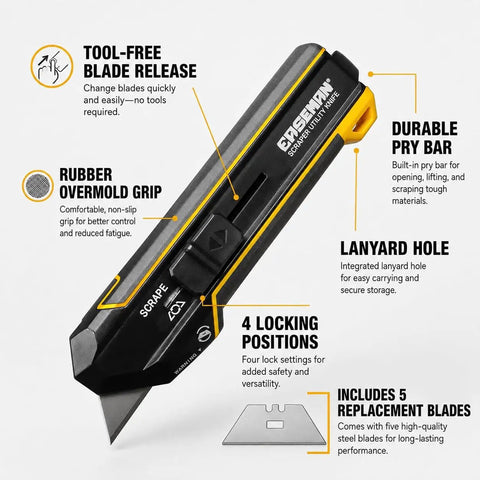 3 In 1 Handy Utility Scraper Tool With Retractable Knife 90 Degree Rotating Head Four Locking Positions Includes 10 Replacement Blades Built For Quick Paint Removal Label Residue Putty And Adhesive Cleanup, black and yellow grip