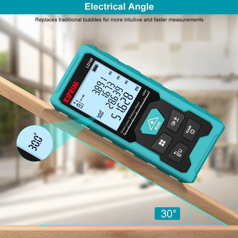 Green Laser Distance Meter With 328 Feet Range, USB Type C Rechargeable Battery, Ultra Accurate To One Sixteenth Inch, Electronic Level, Ten Measurement Modes, Class II Laser, Reflector Plate LD100 showing 30° angle measurement on a wood plank