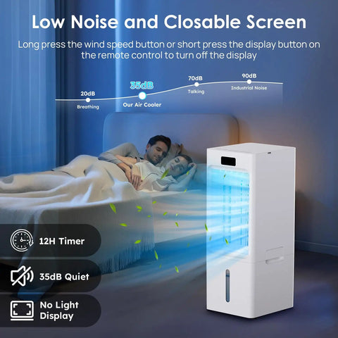 Couple sleeping next to Windowless Portable Air Cooler With 6L Reservoir 3-In-1 Evaporative AC Humidifier And Fan in bedroom