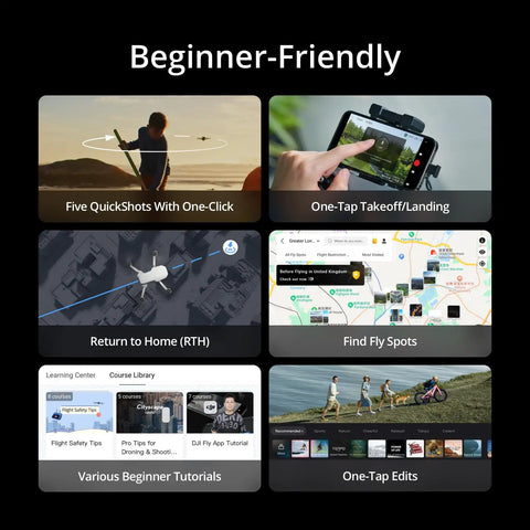 Image showcasing under 249 g 4K drone with features like one-tap takeoff, QuickShots, return home, fly spots, tutorials, and edits.