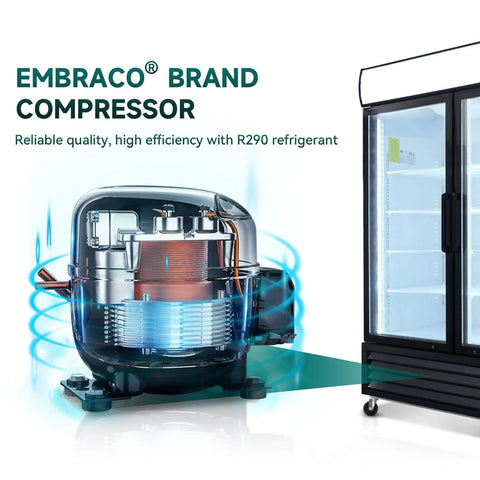 EMBRACO® brand compressor for 54 Inch Double Glass Door Commercial Display Freezer 44.7 Cubic Feet with efficient R290 refrigerant.