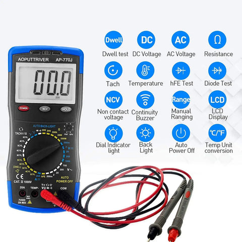 Garage Ready Automotive Engine Analyzer Multimeter With NCV, Manual Ranging, Backlit Display showing features and probes