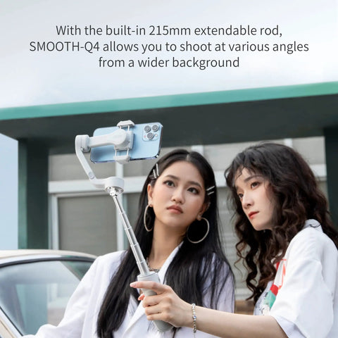 Two women filming with Smooth Q4 Combo Gimbal Stabilizer Dope Built In Extension Rod Portable Foldable Vlogging Rig