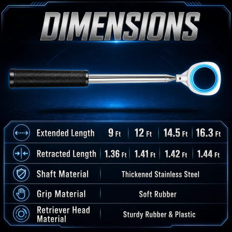 Pressure Golf Ball Retriever With Thick Stainless Steel Shaft And Rubber Grip dimensions chart, 9 to 16.3 ft lengths