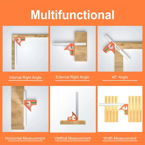 12 Inch Combination Square Kit used in various angles and measurements, includes beefy stainless steel blade and zinc cast body for woodworking.