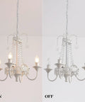 Crystal Mini French Country 4 Light Chandelier In White Finish Candle Style Ceiling Fixture For Dining Room Living Room Bedroom And Girls Room E12 Base Diameter About Eighteen Inches Height About Seventeen Point Nine Inches Adjustable Chain, shown with lights on and off