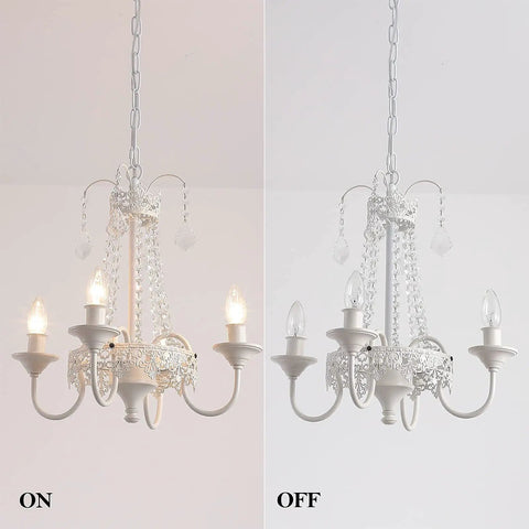 Crystal Mini French Country 4 Light Chandelier In White Finish Candle Style Ceiling Fixture For Dining Room Living Room Bedroom And Girls Room E12 Base Diameter About Eighteen Inches Height About Seventeen Point Nine Inches Adjustable Chain, shown with lights on and off