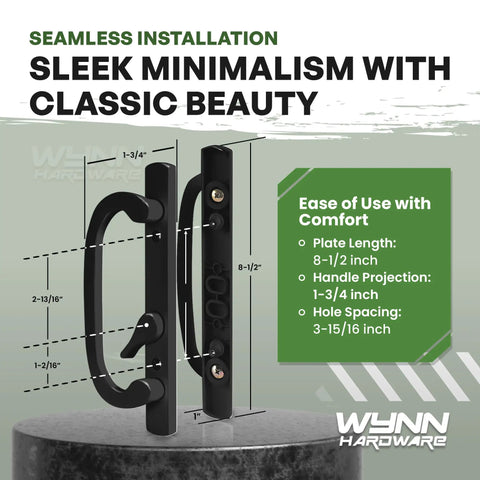 Heavy Duty Sliding Patio Glass Door Handle Replacement Kit Featuring Non Mortise Offset Latch And Matte Black Finish For Thick Frames And No Sweat Weekend Installation dimensions with measurements.