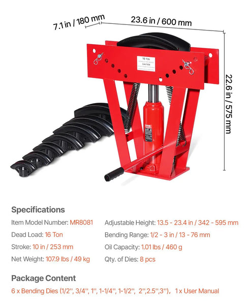 Heavy Duty Manual 16 Ton Hydraulic Pipe Bender For Copper Exhaust Tubes, red, adjustable height, with eight precision dies.