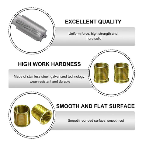 Spark Plug Thread Fix Kit With M14x1.25 Inserts And M16x1.25 Tap Stainless steel components showcasing quality and hardness features.