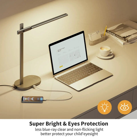 Modern Desk Lamp Metal Aluminum Alloy Dimmable LED Desk Light with USB Charging Port shown on office desk next to laptop