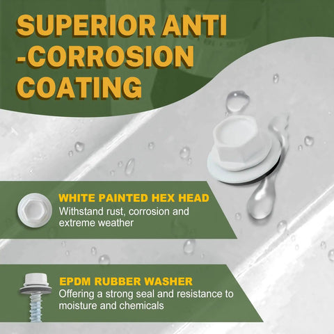 Top Shelf Badass Metal Roofing Screws Number 10 X 1 Inch 300 Pack With Rubber Washers White rust-resistant screws with hex head and rubber washer.