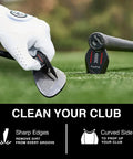 5 In 1 Divot Repair Tool With Ball Marker Alignment Aid For Golfers cleaning grooves of a golf club and resting on the ground
