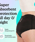 Side view of Heavy Absorbency Disposable Incontinence Underwear for Women Black XL worn by a model, breathable and sleek fit visible.
