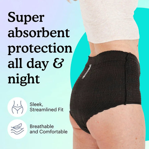 Side view of Heavy Absorbency Disposable Incontinence Underwear for Women Black XL worn by a model, breathable and sleek fit visible.