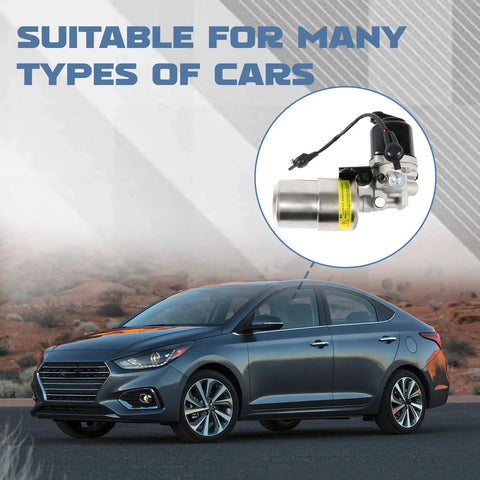 Image showing a car and a close-up of an ABS Pump Brake Booster Hydraulic Motor for 2000 to 2019 Pajero Montero Replacement Accumulator Unit Compatible With MR569728 MR977461 High Performance ABS Pump Kit For Smooth Responsive Braking.