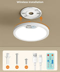 Rechargeable Motion Sensor Ceiling Light With Remote Dimmable LED Lighting for closets, showers, stairs, includes mounting kit