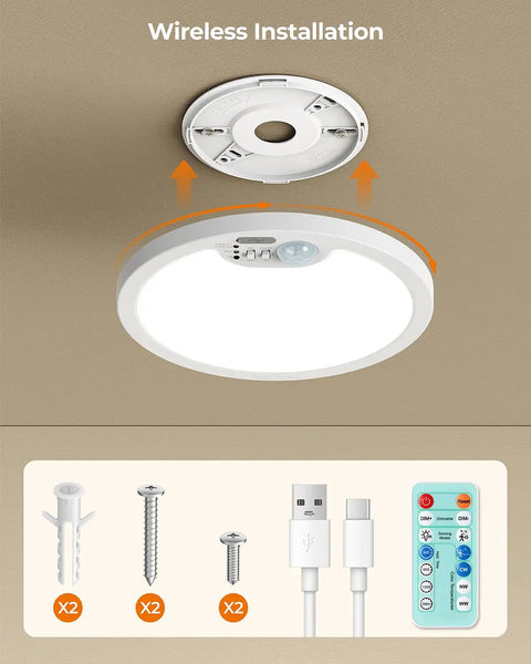 Rechargeable Motion Sensor Ceiling Light With Remote Dimmable LED Lighting for closets, showers, stairs, includes mounting kit
