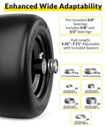 Flat Free Tire And Wheel Set For Lawn Mowers 11x6.00-5 Solid Front Tires For Zero Turn Mowers Built Heavy Duty Workhorse, side view with bearings and spacers