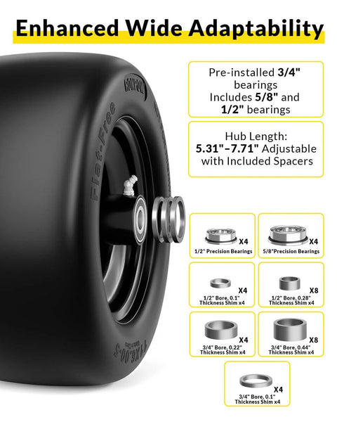 Flat Free Tire And Wheel Set For Lawn Mowers 11x6.00-5 Solid Front Tires For Zero Turn Mowers Built Heavy Duty Workhorse, side view with bearings and spacers