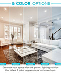Living room with 5 lighting options showing 4 Inch LED Recessed Can Lights Kit, Dimmable Retrofit Downlights With 5 Color Temperature Options