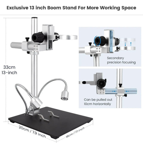 All In One Pro Grade Soldering Microscope Station with 13-inch boom arm stand for electronics repair, side view