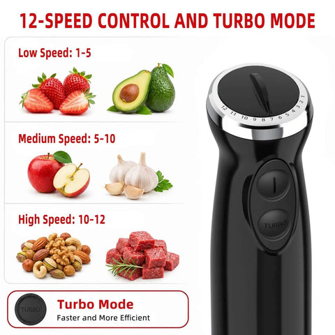 Top Shelf 1000W Five In One Immersion Blender Kit with control dial, featuring fruits and vegetables for soup blending.