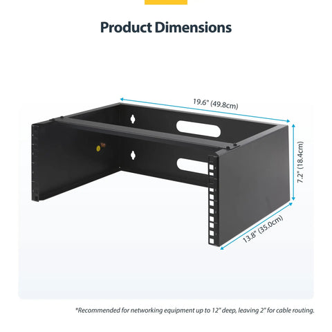 Heavy Duty 4U Wall Mount Network Rack Featuring No Sweat Assembly For Shallow Servers Switches And Patch Panels With Clean Cable Clearance and product dimensions.