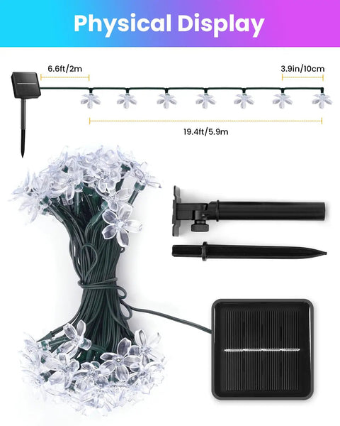 Physical display of 60 LED Cherry Blossom Solar String Lights Outdoor Waterproof Fairy Lights For Garden Yard Fence Patio Christmas Tree Wedding Party Decor Multicolor For All Seasons, showing dimensions and solar panel details.