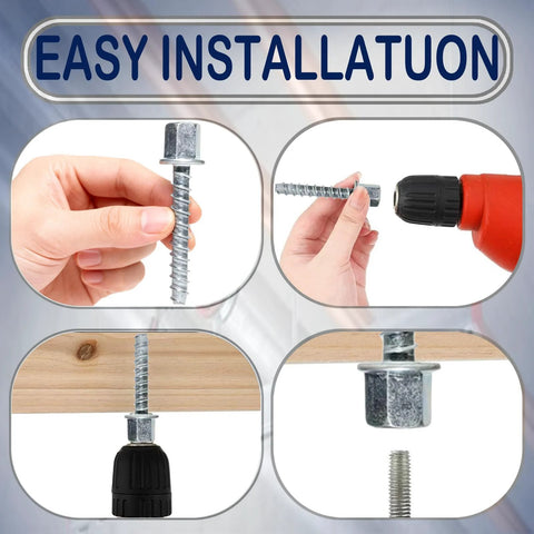 Four images showing assembly and use of the 3/8 in Concrete Threaded Vertical Rod Anchor with 1/4 in shank and 1.5 in length.