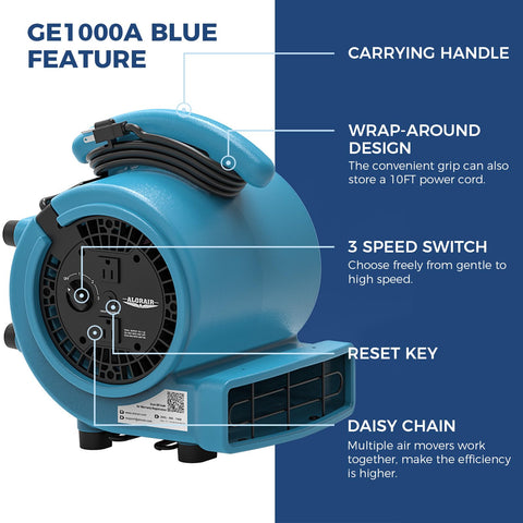 1000 CFM Air Mover Fan For Drying Ventilation Exhaust And Cooling With 3 Speeds 5 Adjustable Angles 10Ft Cord features labeled