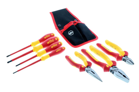 7 Piece Insulated Industrial Pliers And Screwdriver Set With Pro Grade Torque Handles displayed with a durable storage case
