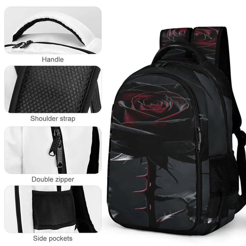 Dope Thorned Rose Bloom Printed Unisex Backpack With Large Capacity Durable Polyester Daypack Breathable Design Smooth Zipper