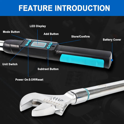 Adjustable Digital Torque Wrench For Tight Spaces 5 To 99.6 Ft Lb Or 6.8 To 135 Nm 22.8 In with LED Display and Buttons