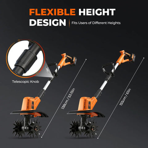 Cordless Electric Tiller Cultivator With 21V Battery showing flexible height design with telescopic knob feature.