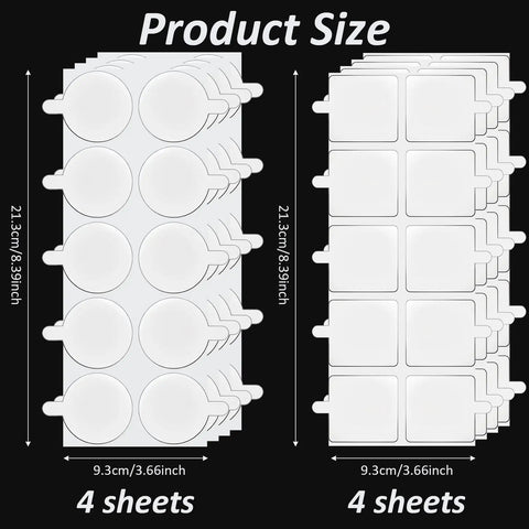 80 Transparent Tablecloth Clips Set With Double Sided Mounting Tape Dots shown in 4 sheets of round and square clips