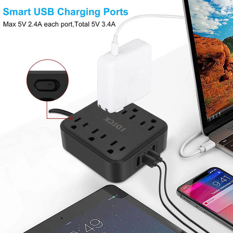 2 Prong To 3 Prong Outlet Adapter With 4 USB Ports And 6 AC Outlets Desktop Charging Hub Power Hub For Your Desk 5 Ft Extension Cord Ideal For Non Grounded Outlets Great For Home Office Or Travel Use Black, shown with devices charging