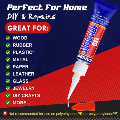 Amazon Super Glue Gel adhesive tube with blue-red packaging and angled nozzle, for plastic, metal, wood.
