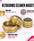Brass And Stainless Steel Mesh Ultrasonic Cleaner Basket Set Built Tough Like Nails For Tiny Watch Parts Delicate Charms And Medium Rings Quick Drain Setup Straight Up Deep Clean Power Pack Of 2, showing brass body and stainless steel mesh.