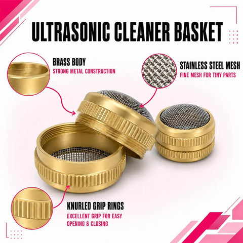 Brass And Stainless Steel Mesh Ultrasonic Cleaner Basket Set Built Tough Like Nails For Tiny Watch Parts Delicate Charms And Medium Rings Quick Drain Setup Straight Up Deep Clean Power Pack Of 2, showing brass body and stainless steel mesh.