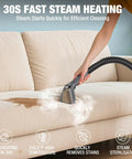 Slick Steam Portable Carpet And Upholstery Cleaner With 16Kpa Pressure in use on a stained couch, steam quickly removing stains.