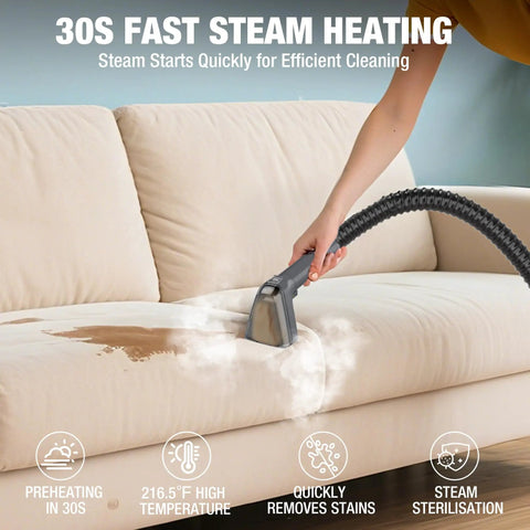 Slick Steam Portable Carpet And Upholstery Cleaner With 16Kpa Pressure in use on a stained couch, steam quickly removing stains.