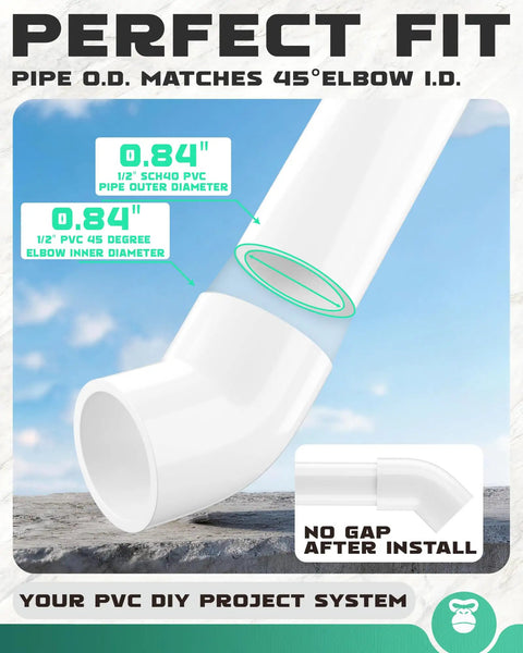 Detailed image of 1/2 Inch PVC 45 Degree Elbow Fittings Socket To Socket Pack Of 20, highlighting perfect fit and no gap after install.