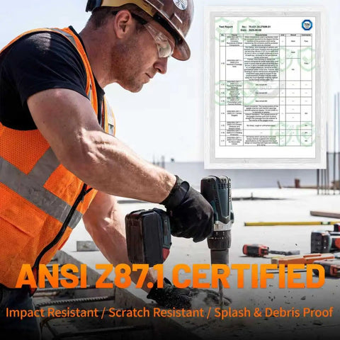 Construction worker wearing clear safety glasses operates a drill with ANSI Z87.1 certificate, highlighting impact resistance.