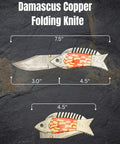 Copper Damascus Fish Style Folding Knife With Ladder Pattern Blade, shown open and closed, on dark textured background, size visible.