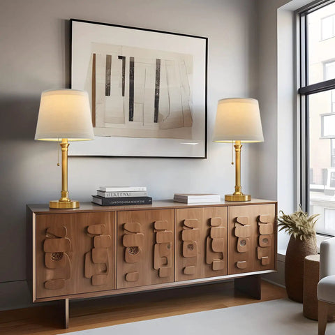 Modern Gold Brass Table Lamp Set Of 2 For Bedroom And Living Room With White Drum Shade on decorative wooden console table