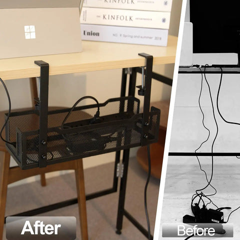 Before and after of under desk cable management tray with clamp for quick no drill setup; wire basket organizer for cords.