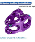 CNC Aluminum 35mm Mountain Bike Stem For 1 1 8 Inch Steering Tube Purple Fits Most Road And Mountain Bikes, close-up angle