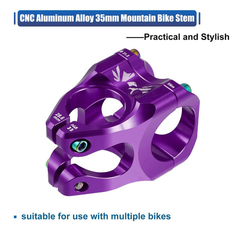 CNC Aluminum 35mm Mountain Bike Stem For 1 1 8 Inch Steering Tube Purple Fits Most Road And Mountain Bikes, close-up angle