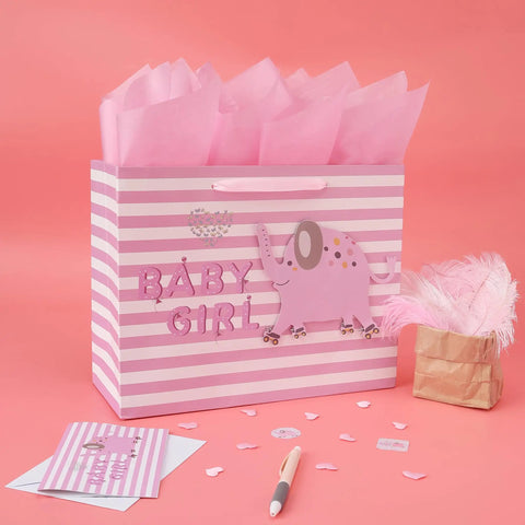 Large Pink Gift Bag Set With Greeting Card And Tissue Paper For Baby Girl Baby Shower And Kids Birthday Party 13 Inch By 5.2 Inch By 10.2 Inch 1 Pc 3D Elephant Design, featuring pink stripes and a 3D elephant.